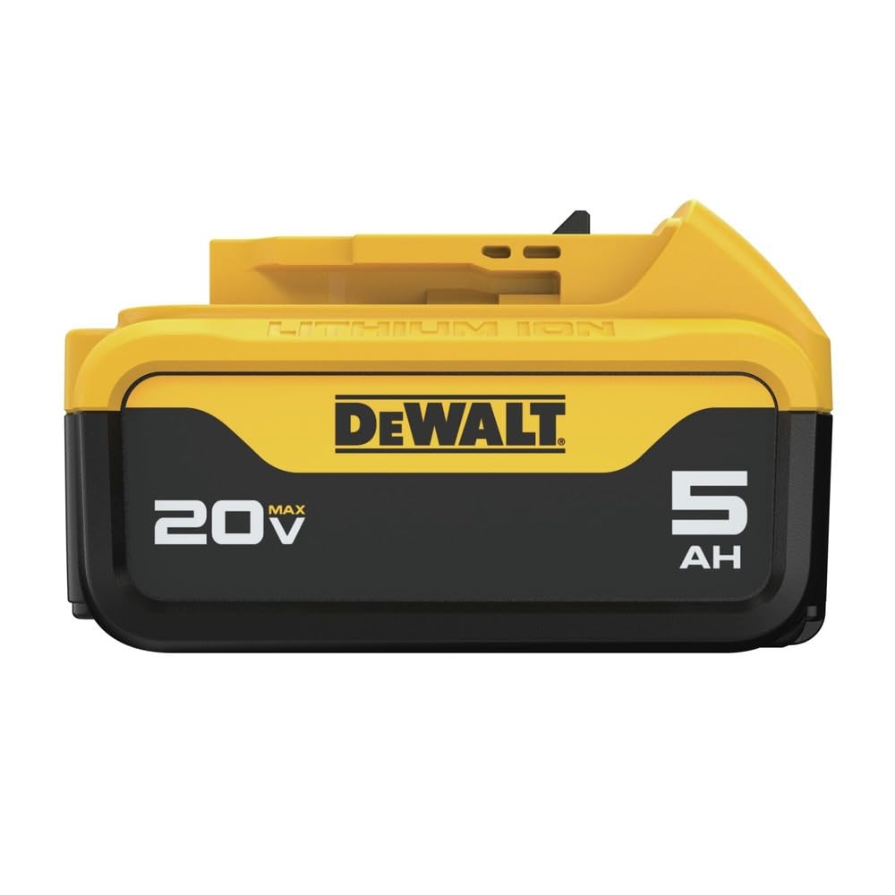 DEWALT DCB205R 5Ah label highlights extended runtime and compatibility.