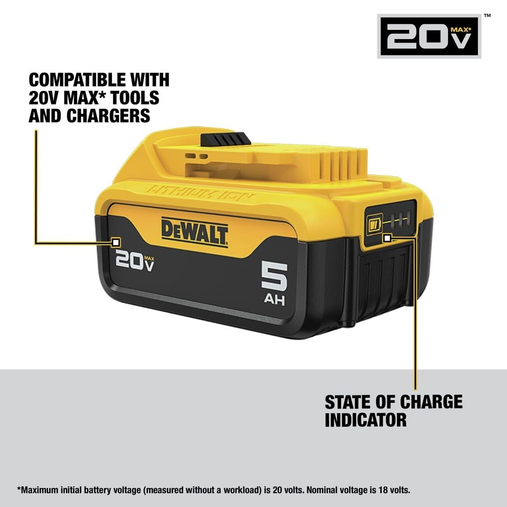 DEWALT DCB205R battery side angle highlights compact design for tool balance.