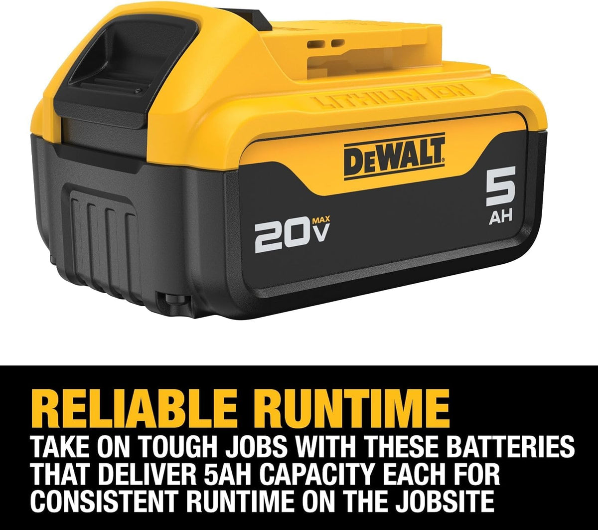 DEWALT DCB205R battery LED indicator visible during work to monitor charge.