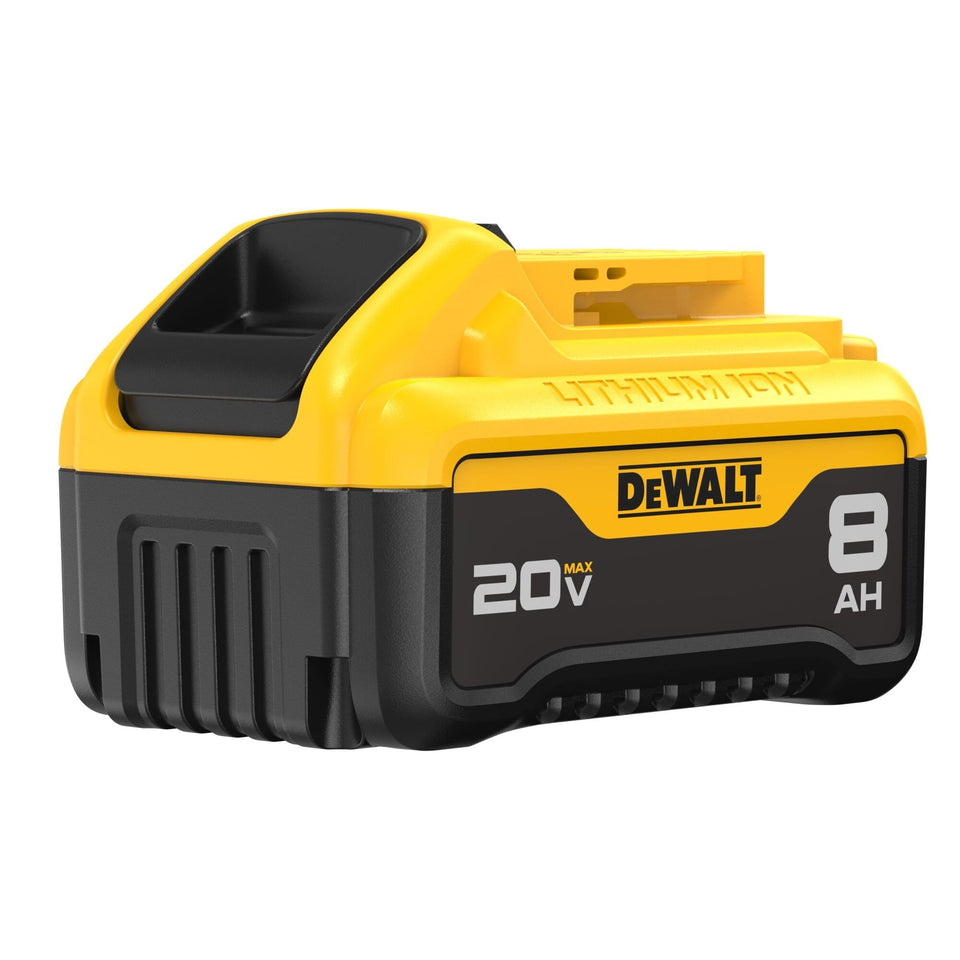 DEWALT DCB208 8Ah battery front view for extended runtime on 20V tools
