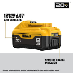 DEWALT DCB208 battery in use with a 20V tool on the job site