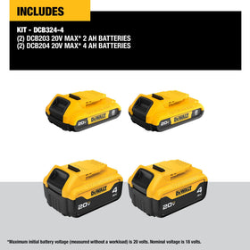 DEWALT DCB324-4 pack fuel gauge LED indicator close-up showing charge level