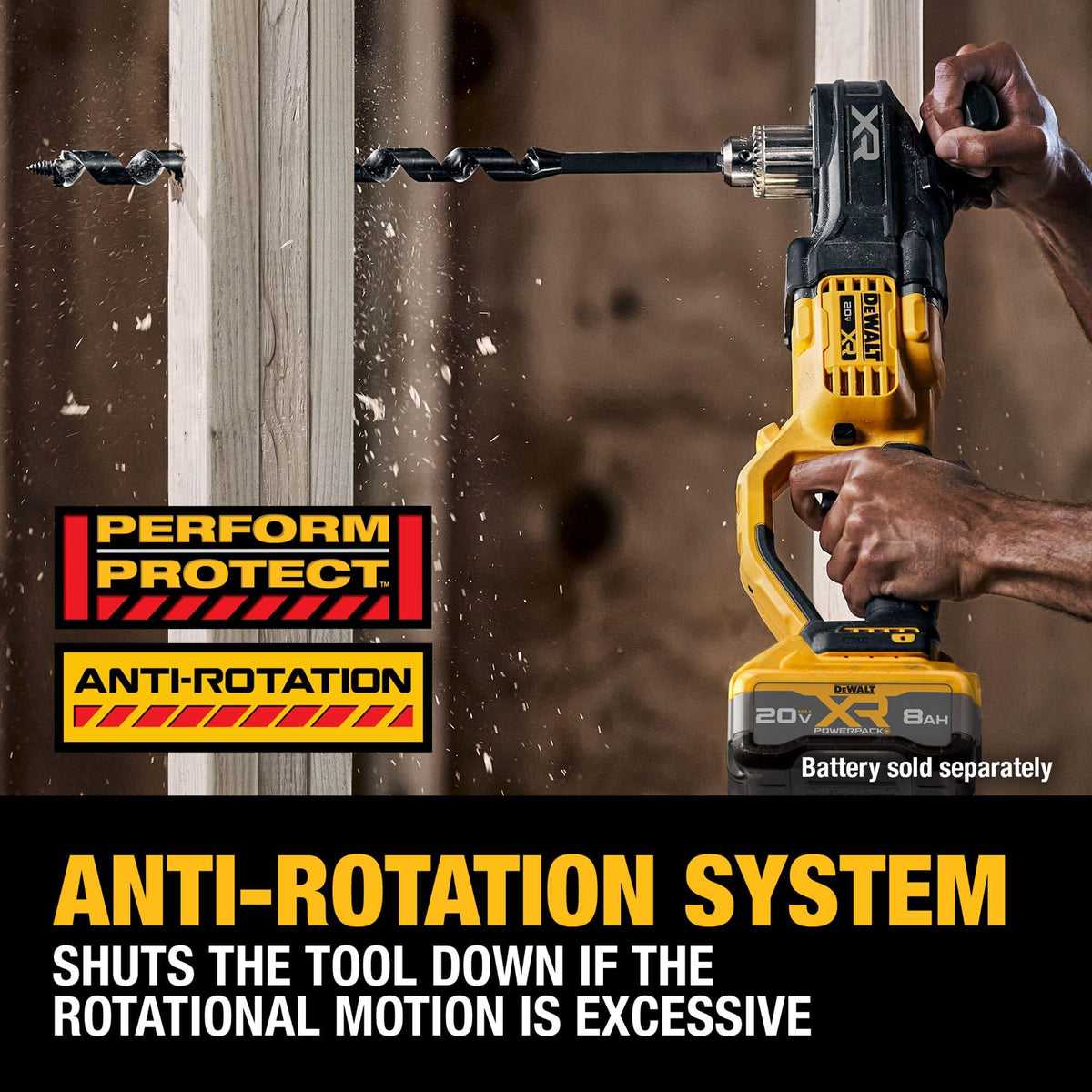 DEWALT DCD446B drills up to 267 holes per charge in Douglas fir.