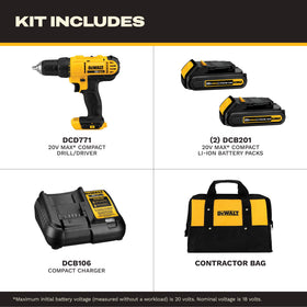 DEWALT DCD771C2 two-speed motor enables versatile drilling and driving tasks.