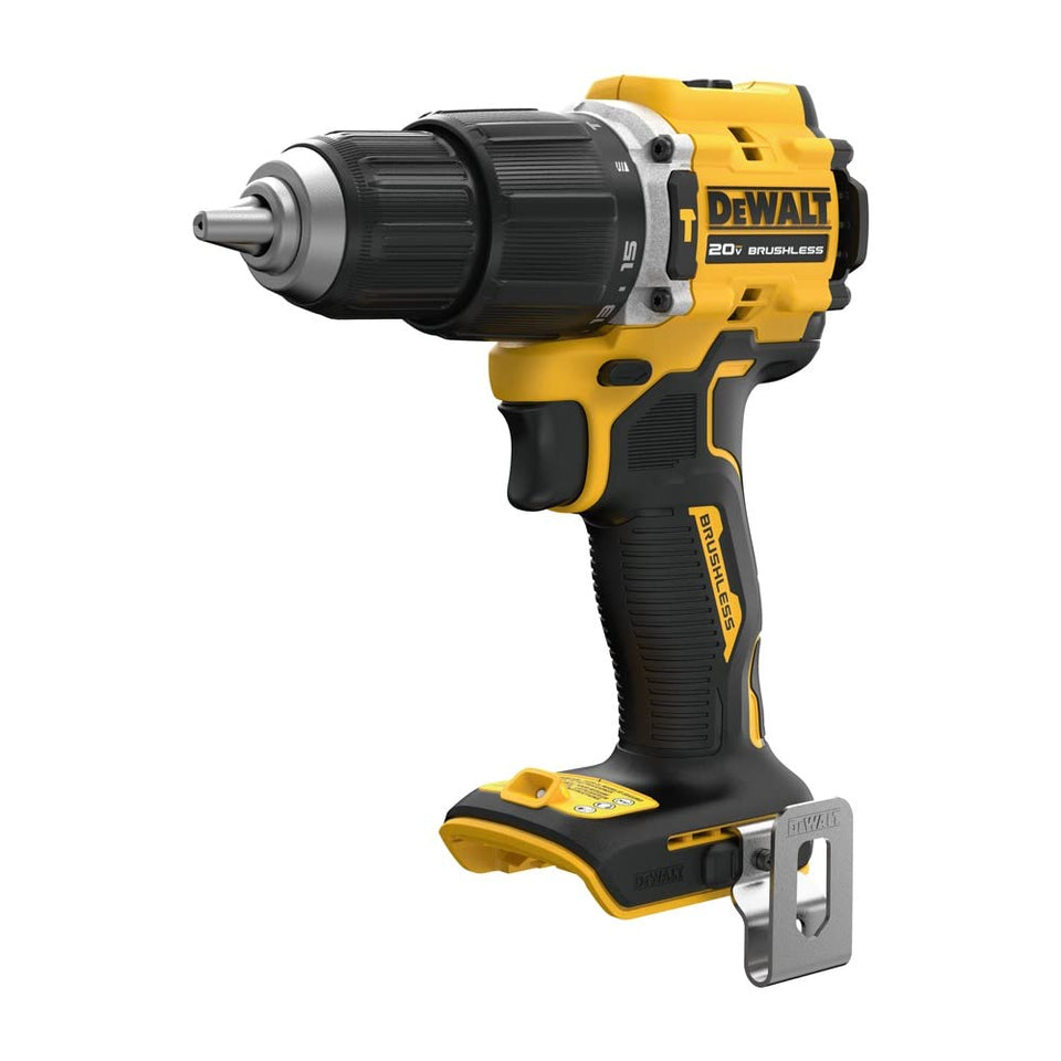 DEWALT DCD799B compact drill in hand for tight-space drilling.