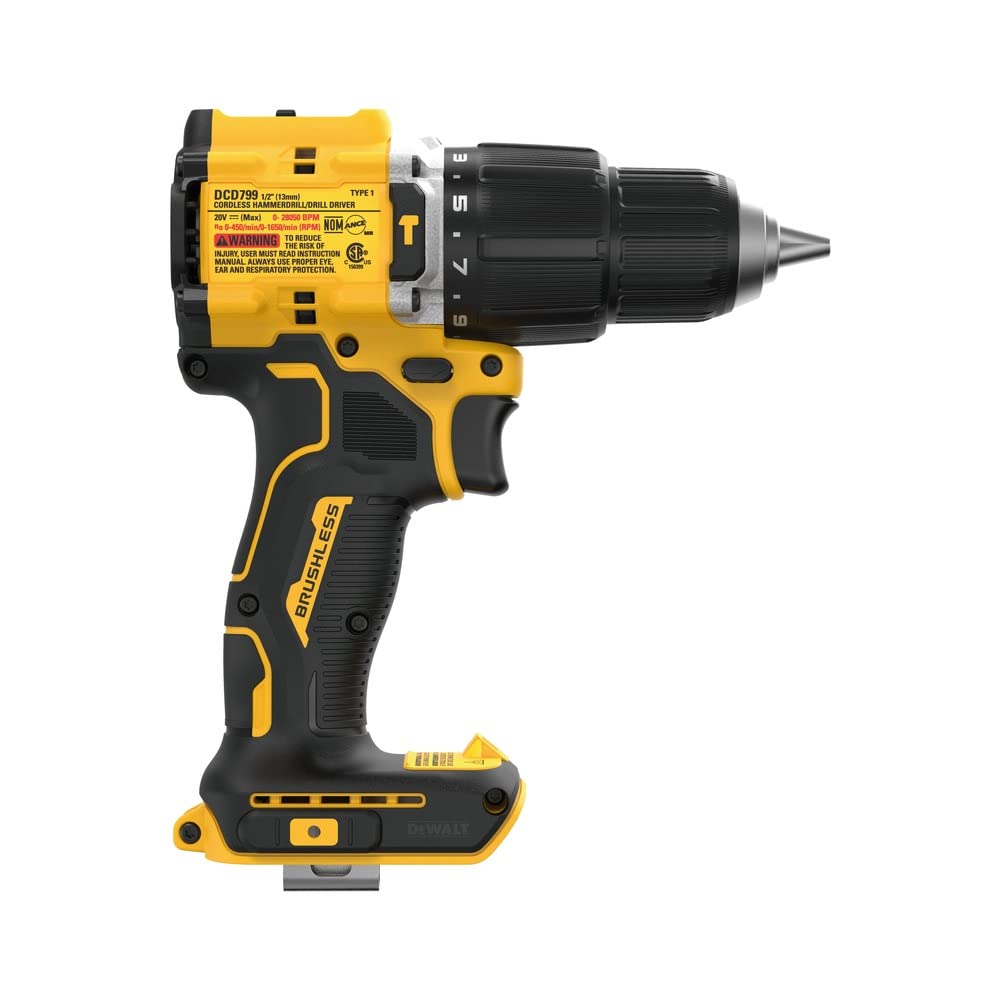 DEWALT DCD799B LED work light brightens dim workspaces for precision drilling.