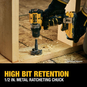 Compact DEWALT DCD801B drill/driver on a busy jobsite with tools at hand