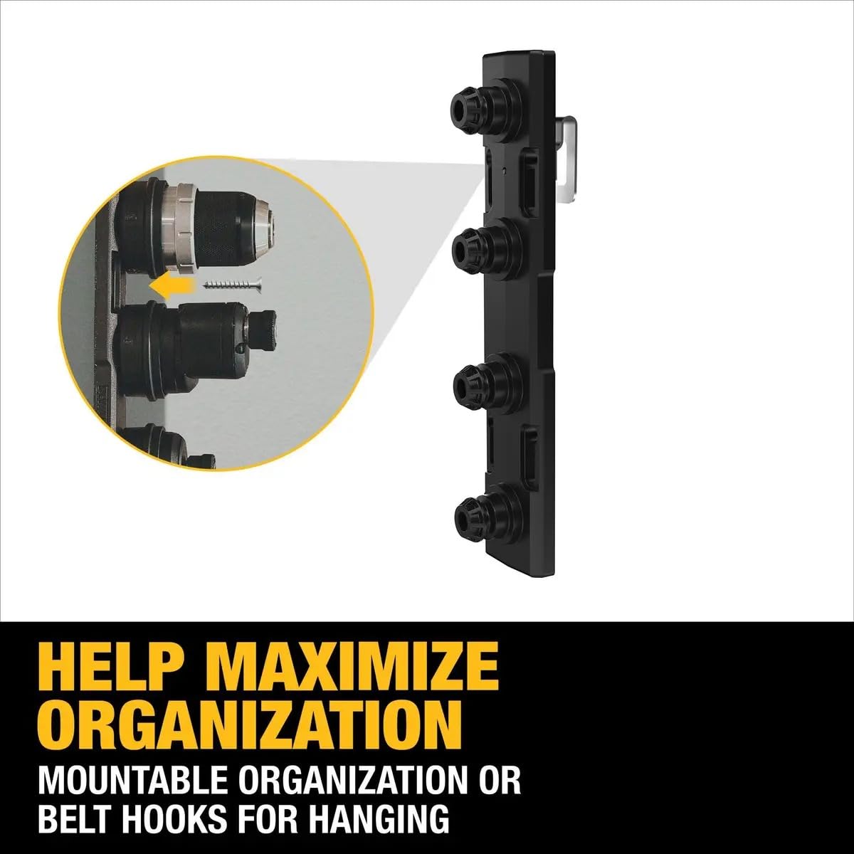 DeWALT Atomic organizer with belt hooks holds four heads.