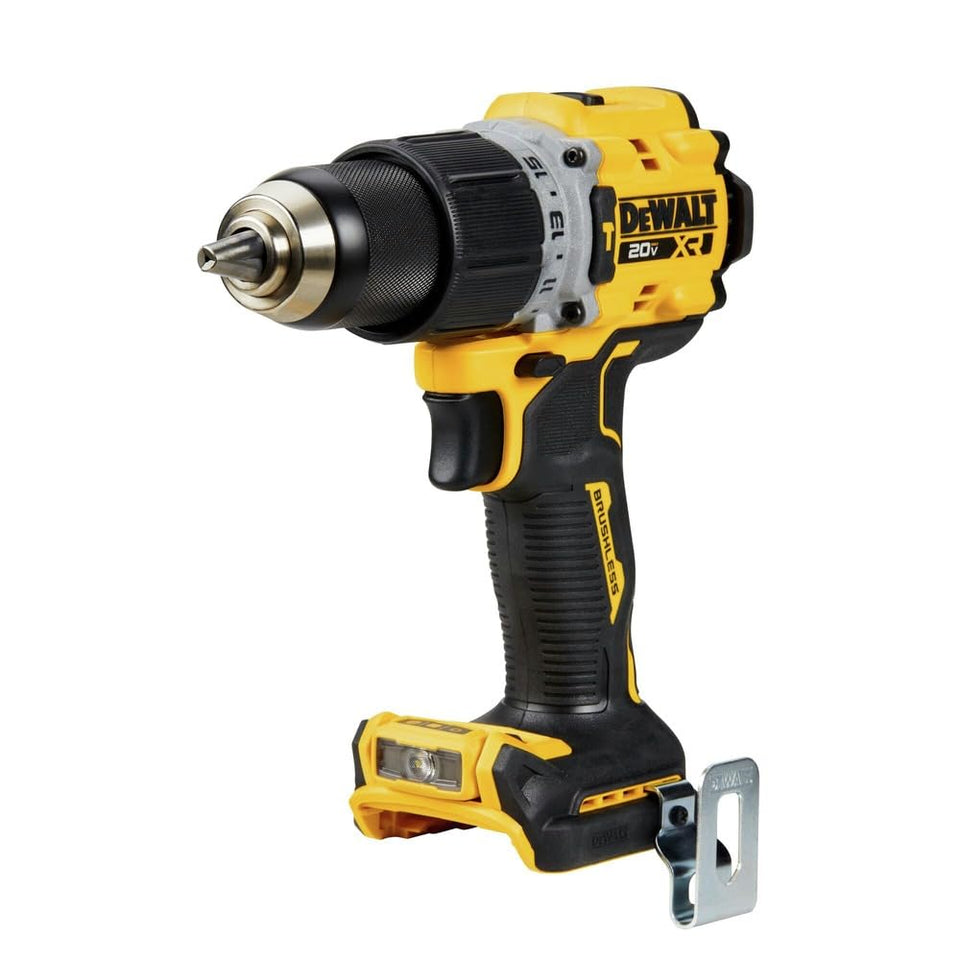 DEWALT DCD805B hammer drill front view demonstrates compact power for tight spaces.