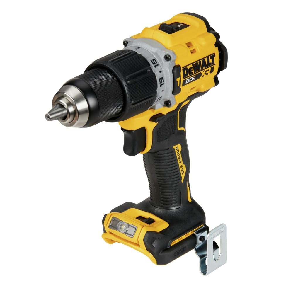 DEWALT DCD805B side profile highlights ergonomic grip for extended use.