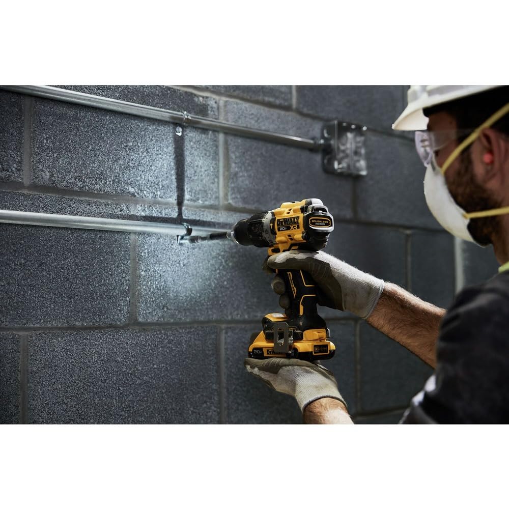 DEWALT DCD805B 70-lumen LED aids visibility in dim work areas.