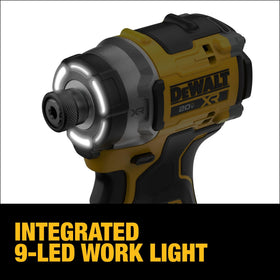 DEWALT DCF860QQ1 LED work light enhances visibility in dim spaces.