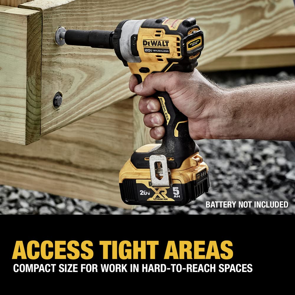 DEWALT DCF911B ergonomic grip enhances control in tight spaces.