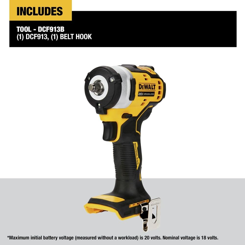 DEWALT DCF913B shown with no battery, illustrating tool-only flexibility.