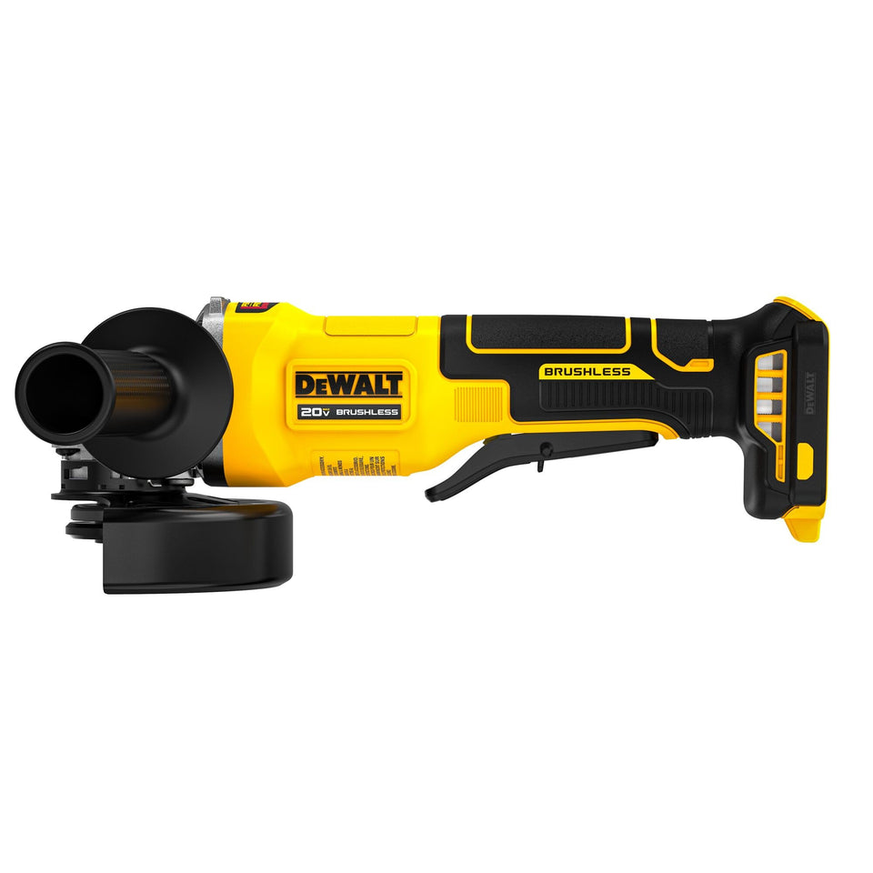 DEWALT DCG408B grinder on site shows cordless mobility for fast grinding.