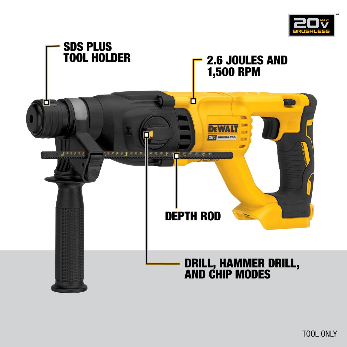 DEWALT DCH133B rotating dial demonstrating drill, hammer, and chip modes.
