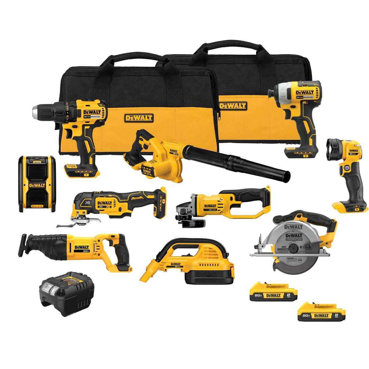 DEWALT DCK1021D2 kit front view showing compact design for tight spaces