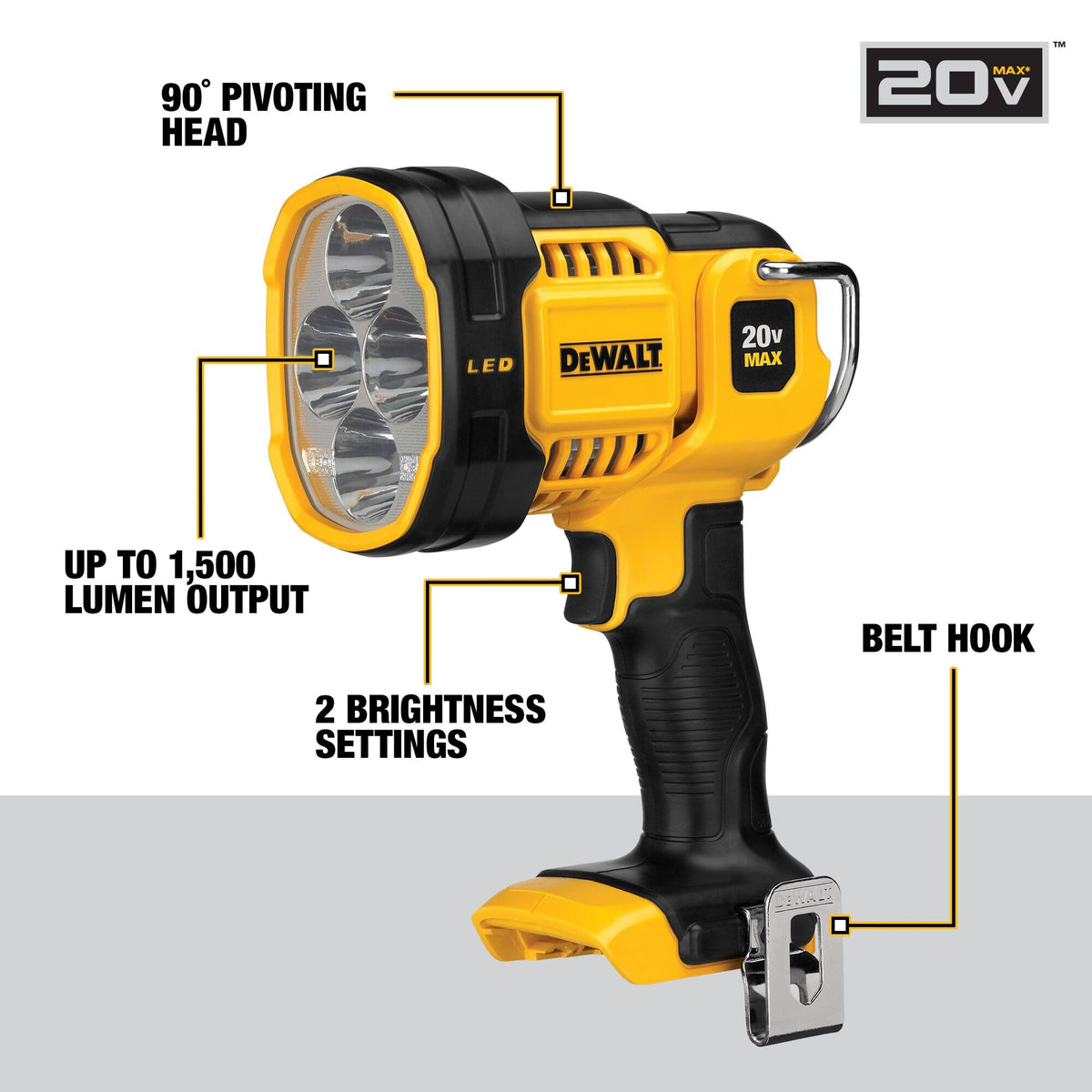 DEWALT DCL043 integral hook supports hands-free positioning on belts or scaffolds.