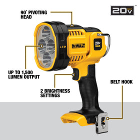 DEWALT DCL043 integral hook supports hands-free positioning on belts or scaffolds.
