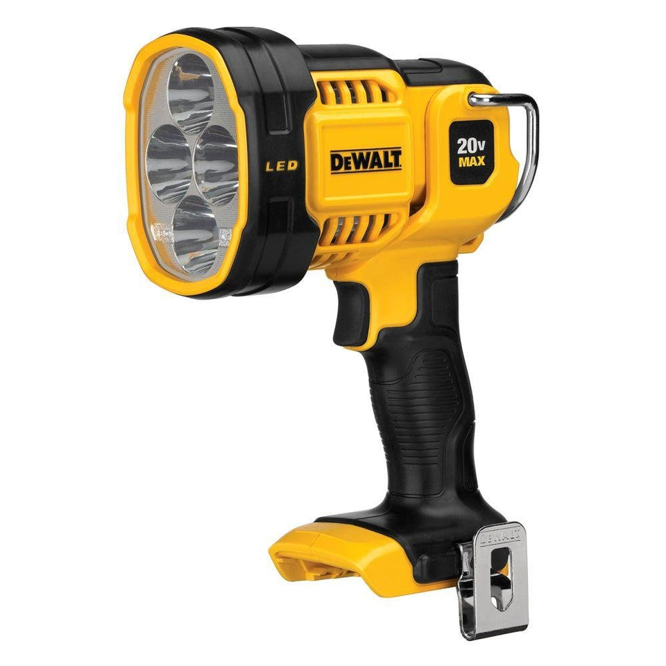 DEWALT DCL043 spotlight with 90° pivot head enables hands-free lighting on dark job sites.