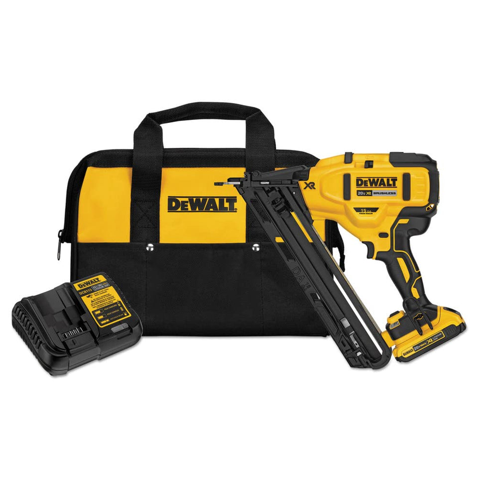 DEWALT DCN650D1 angled finish nailer for precise crown molding and trim installation.