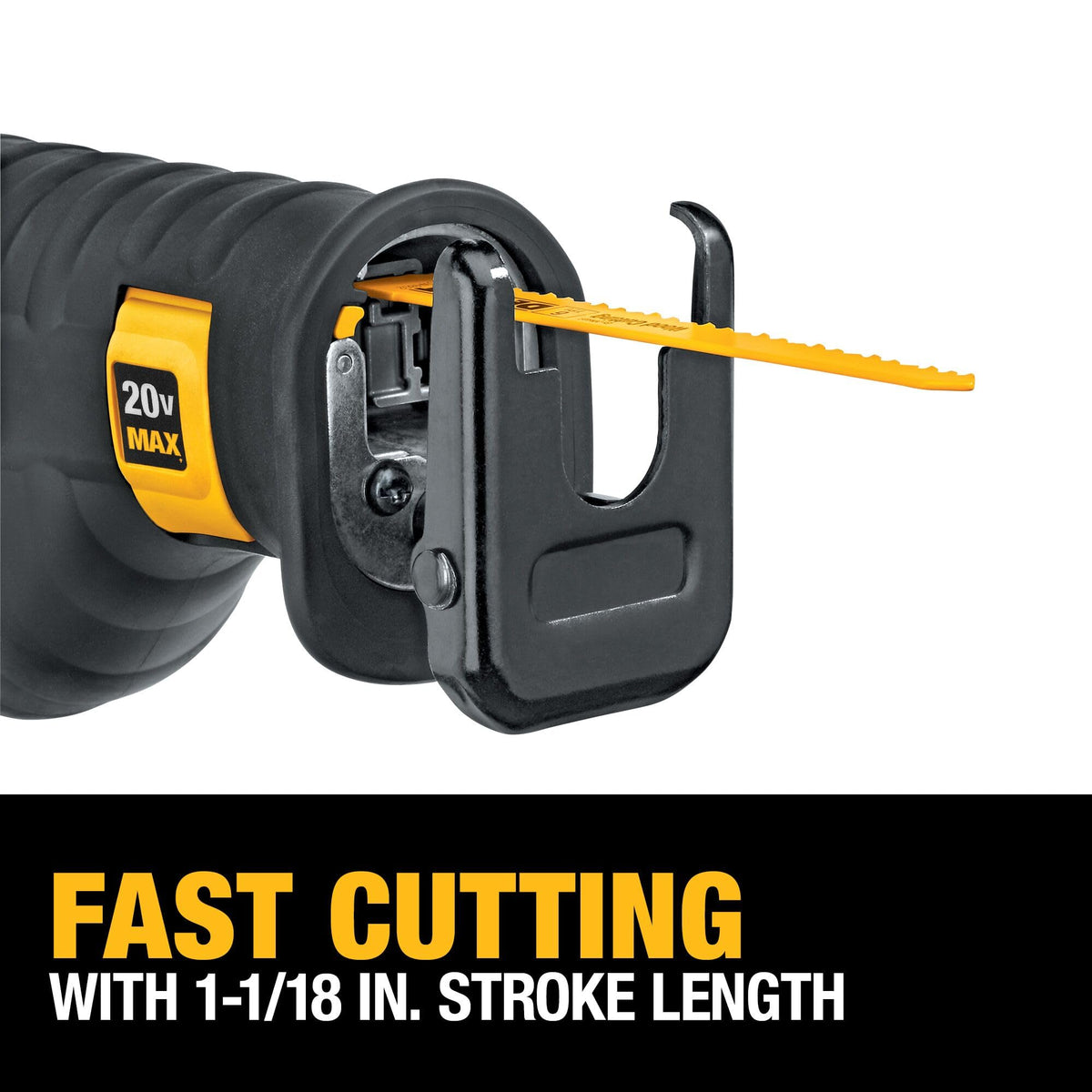 DEWALT DCS380P1 1-1/8 inch stroke for rapid cuts.