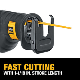 DEWALT DCS380P1 1-1/8 inch stroke for rapid cuts.