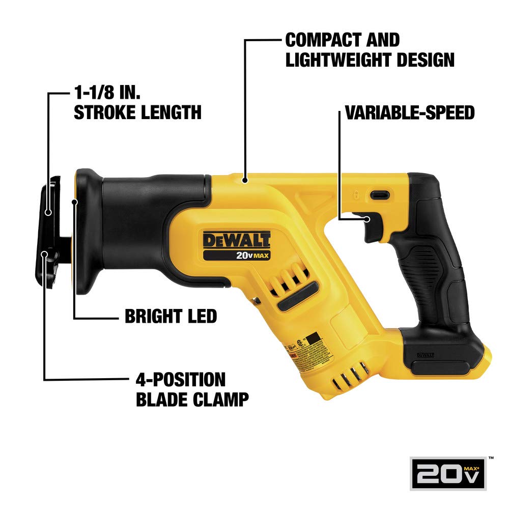 DEWALT DCS387B 4-position blade clamp supports versatile flush cutting.