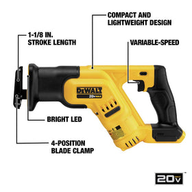 DEWALT DCS387B 4-position blade clamp supports versatile flush cutting.
