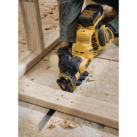 DEWALT DCS387B pivoting shoe adds stability during angled cuts.