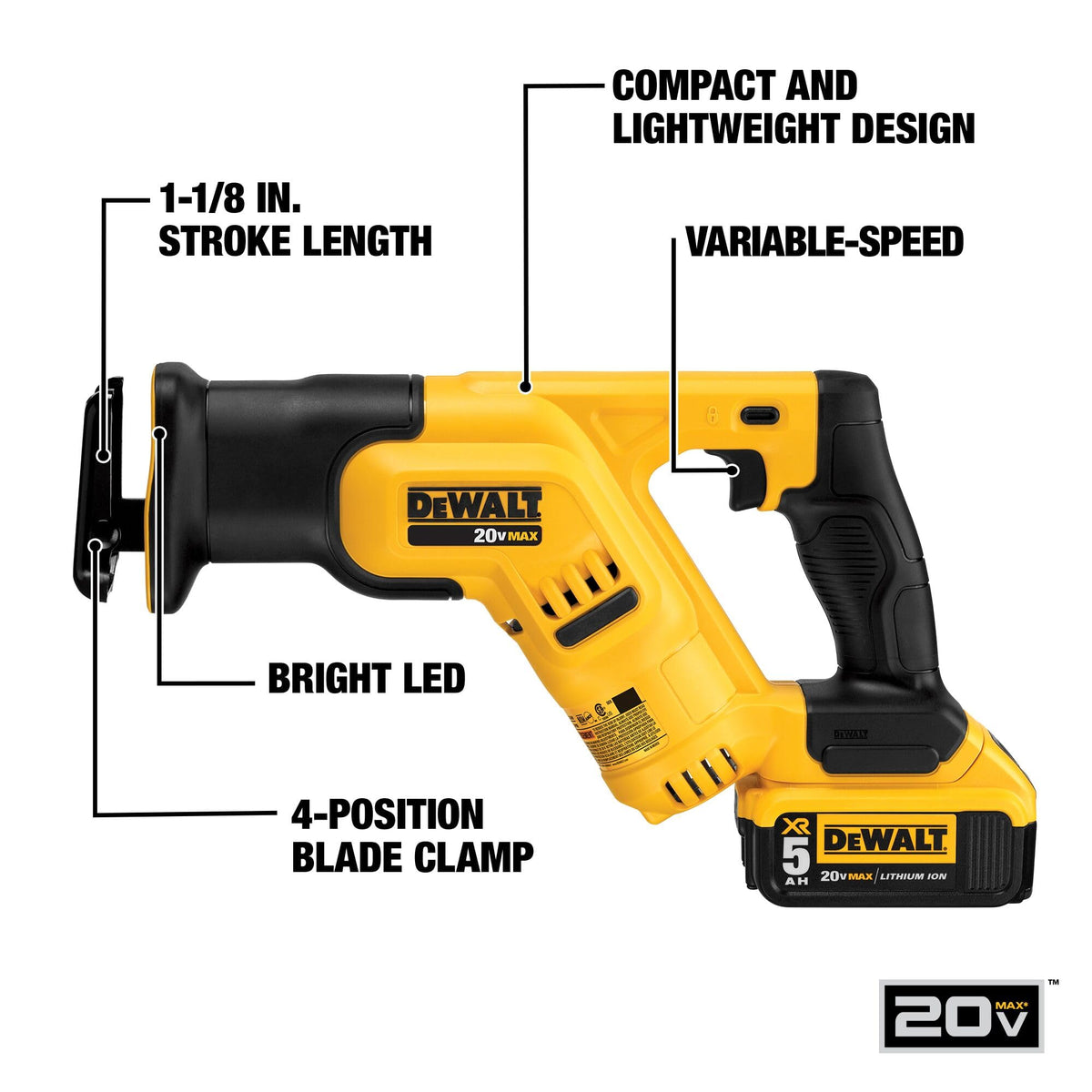 DEWALT DCS387P1 offers one-and-one-eighth-inch stroke length for fast cutting.