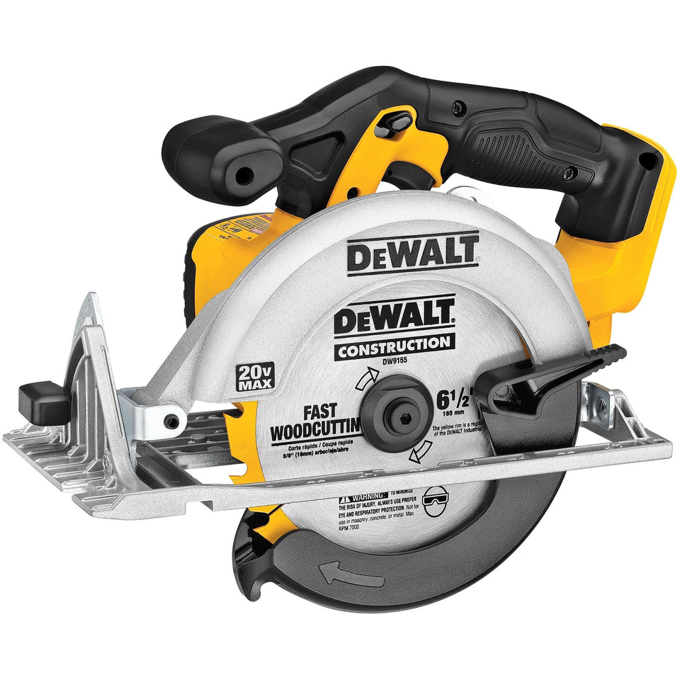 DEWALT DCS391B cordless circular saw showing 6-1/2-inch blade for fast cuts