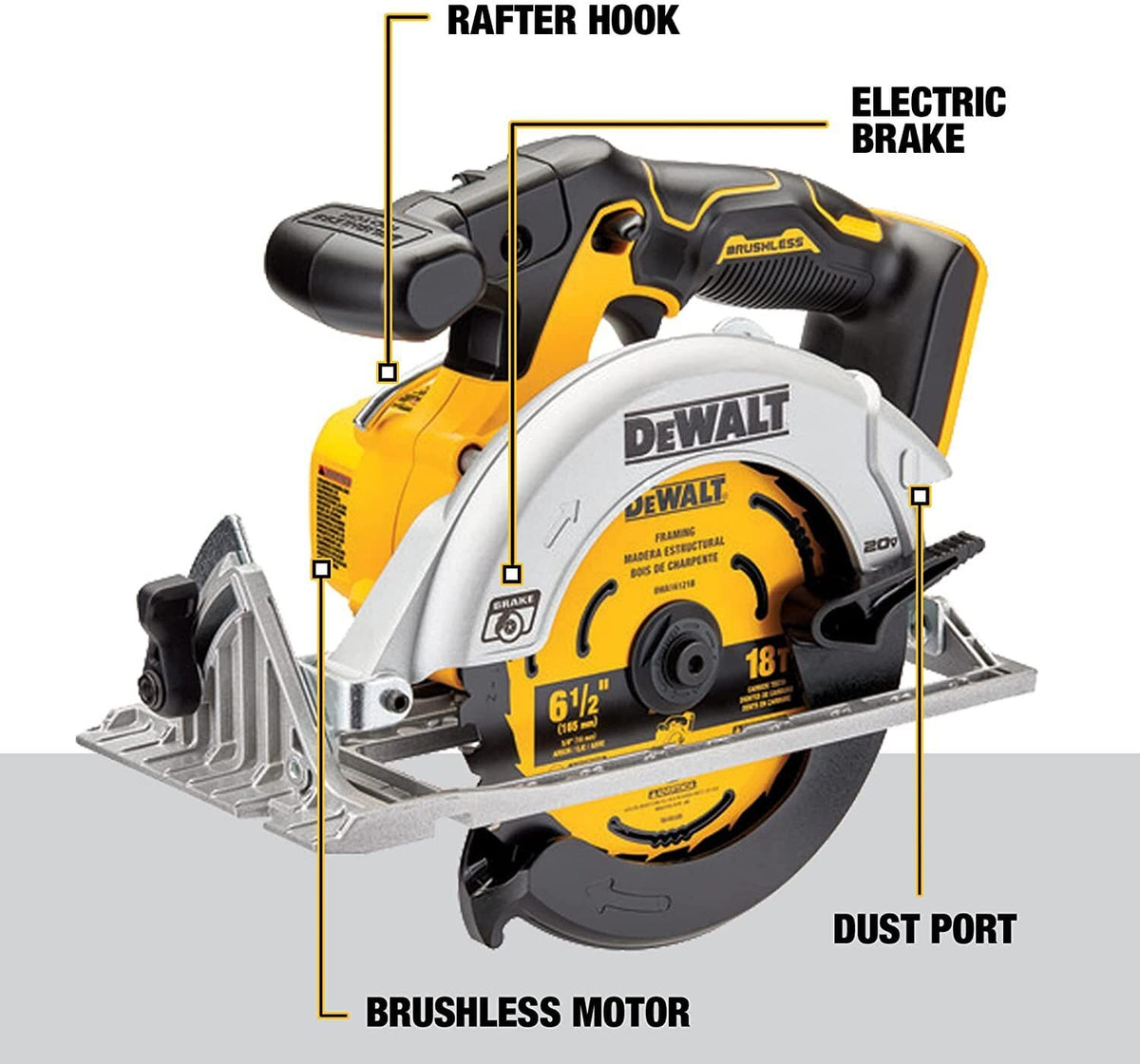DEWALT DCS565B dust chute provides cleaner cuts on site.
