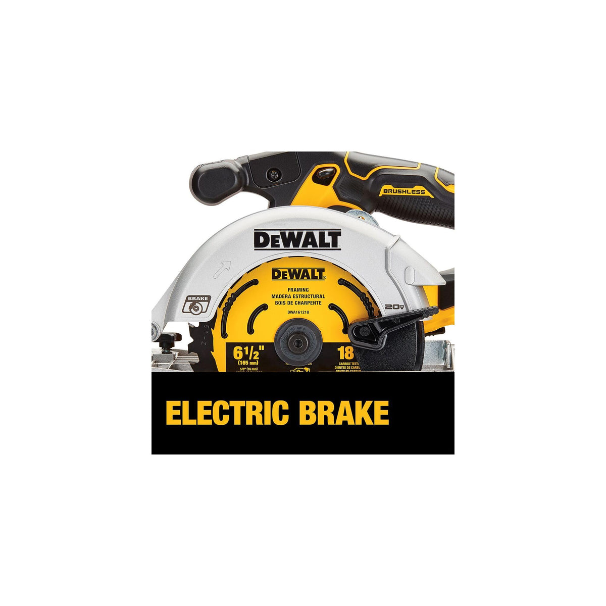 DEWALT DCS565B electric brake delivers quick blade stop after release.