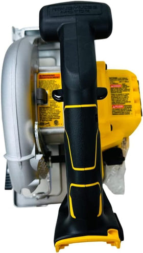 DEWALT DCS566 6.5-inch blade close-up for versatile wood cuts.