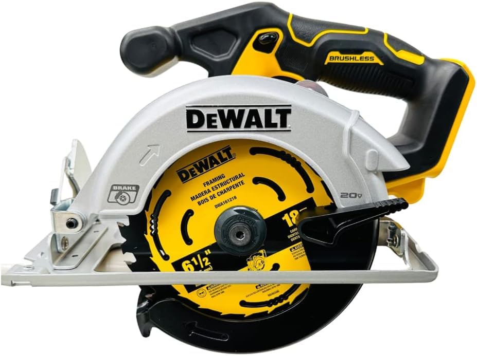 DEWALT DCS566 front view highlights compact, durable circular saw for on-site cutting.