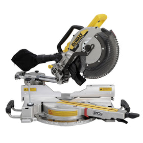 DEWALT DCS785B cordless miter saw showing broad battery compatibility on site.