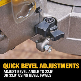 DEWALT DCS785B quick bevel adjustments at 22.5° and 33.9° for fast setup.