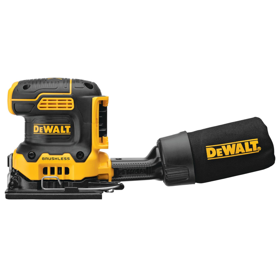 DEWALT DCW200B sander close-up shows compact low-profile body for precise sanding.