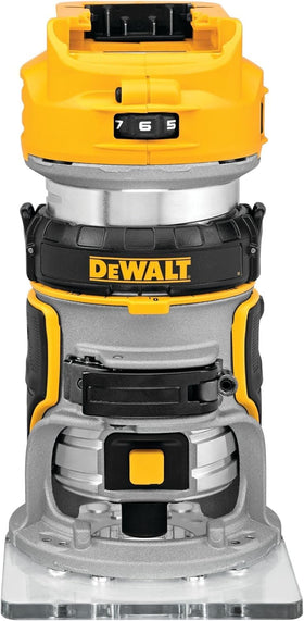 DEWALT DCW600B cordless compact router enables portable trimming precision in tight spaces.