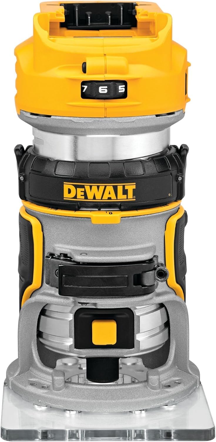 DEWALT DCW600B cordless compact router enables portable trimming precision in tight spaces.