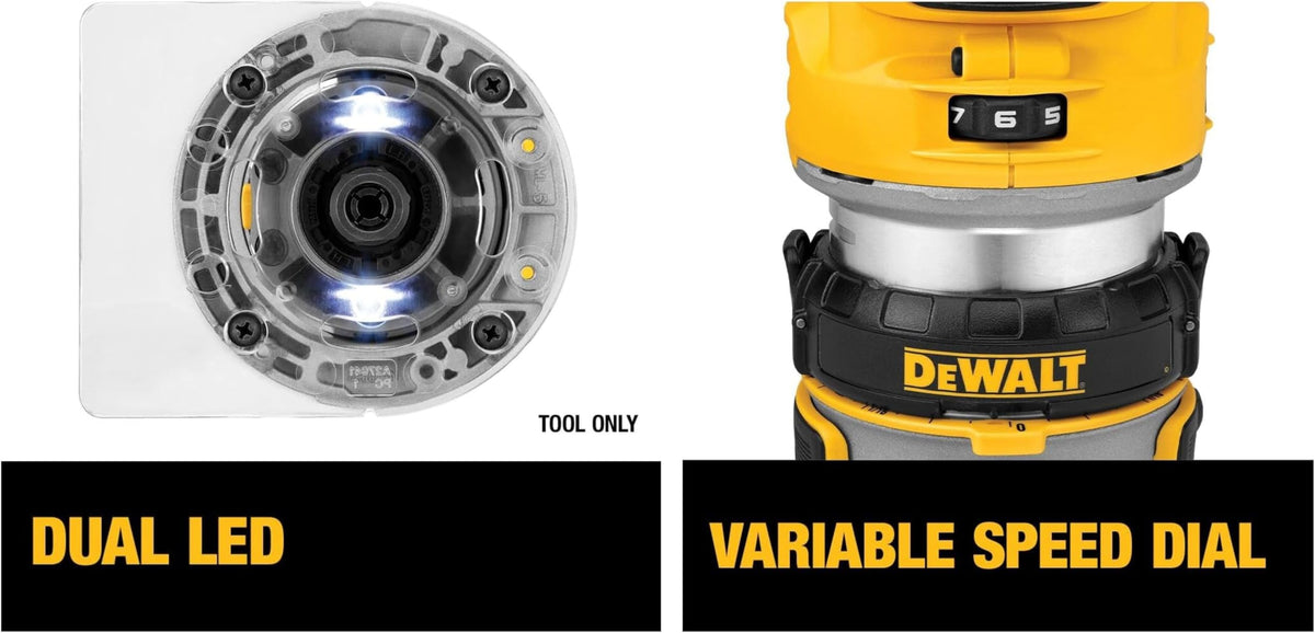 DEWALT DCW600B fixed-base router highlights stable, clean edge shaping for cabinetry.
