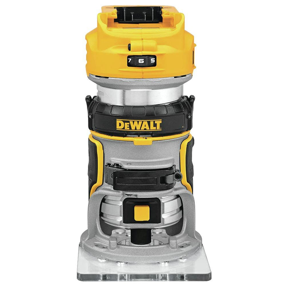 DEWALT DCW600B front view, compact cordless router for precise handheld routing