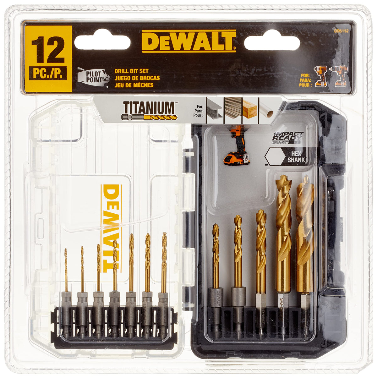 DEWALT DD5152 drill bits showing pilot point tip for precise starts