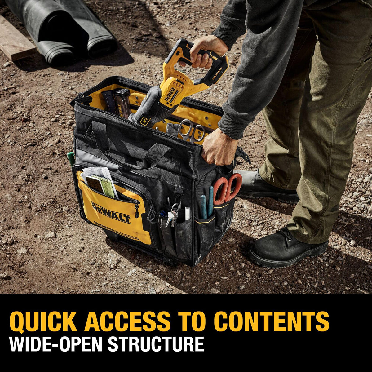 DEWALT dirt-repellant tarpaulin helps keep gear cleaner during daily hauling.
