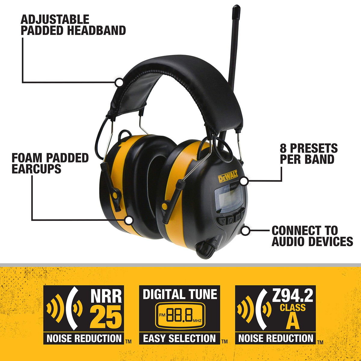 DEWALT DPG15 AM/FM radio display for easy station tuning on the job.