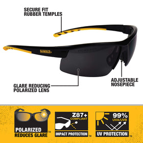 DEWALT DPG99 polarized safety glasses side view highlighting dual-mold rubber temples for comfort