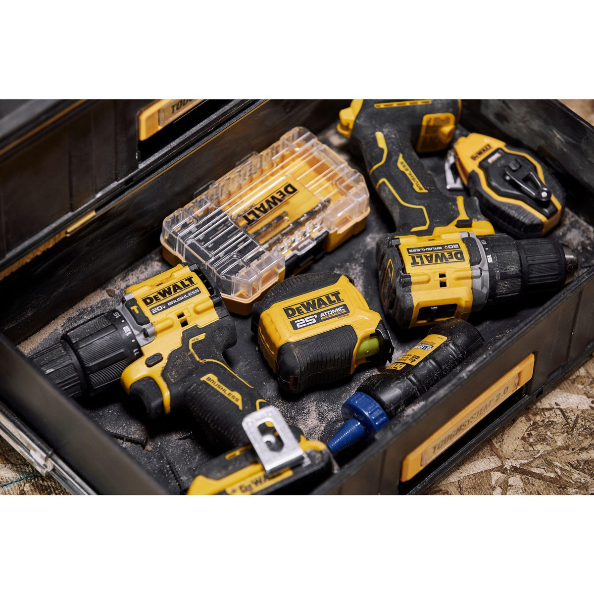 DEWALT drill bit in use, suitable for plastic, wood, and metal projects