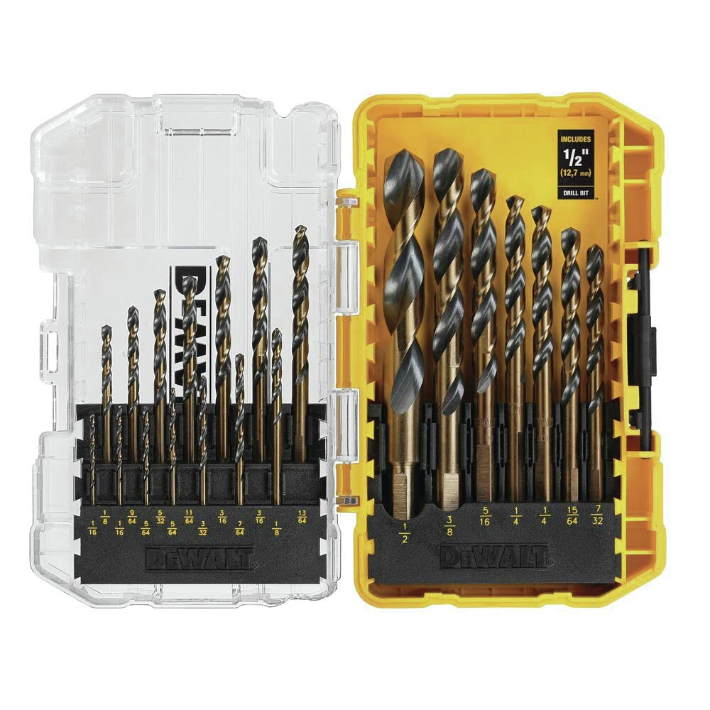 DEWALT 21-piece drill bit set with black-gold coating for rust resistance and durability.