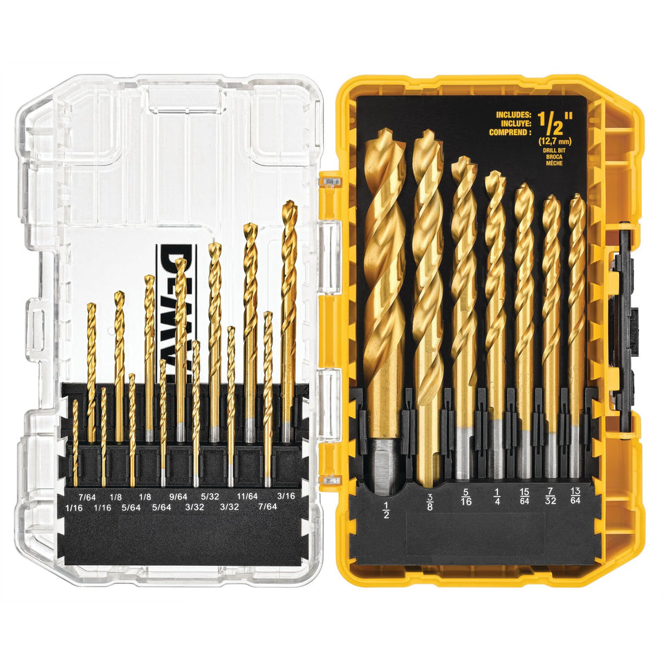 DEWALT 21-piece drill bit set with TiN coating for longer life in wood, metal, and plastic